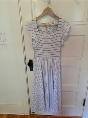 HL Affair White and Black Striped Smocked Midi Dress